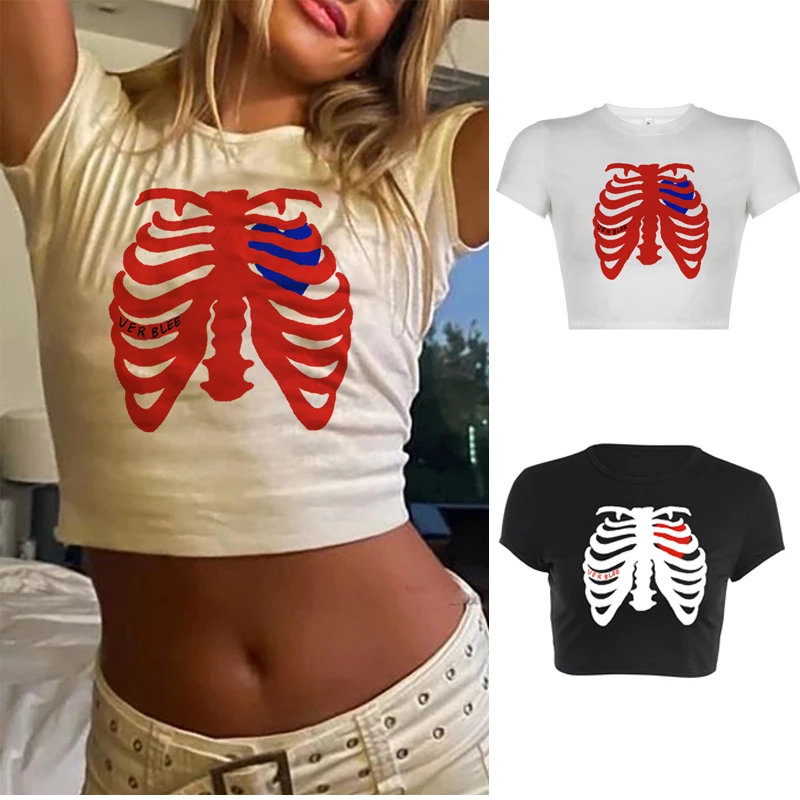 

Y2k Grunge Fairy Sexy Short Sleeve Tee Gothic Skull Print Punk Aesthetic Cute Crop Top 2000s Vintage Women's Streetwear Slim Tee