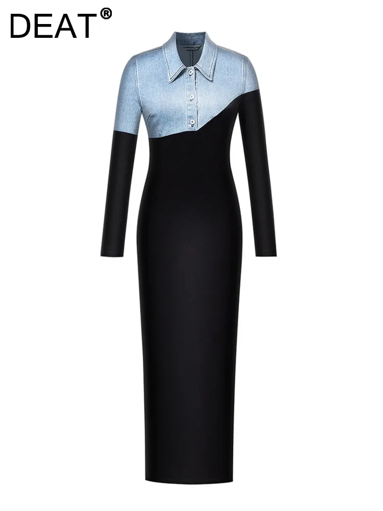 

Женское джинсовое платье в стиле пэчворк DEAT, облегающее длинное платье контрастных цветов, эластичное платье с высокой талией, 29L3851, осень 2023