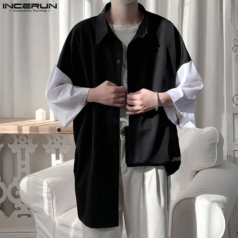 

INCERUN Men Shirt Patchwork Lapel Half Sleeve Streetwear Men Clothing Summer Oversize Korean Style Fashion Casual Shirts S-5XL