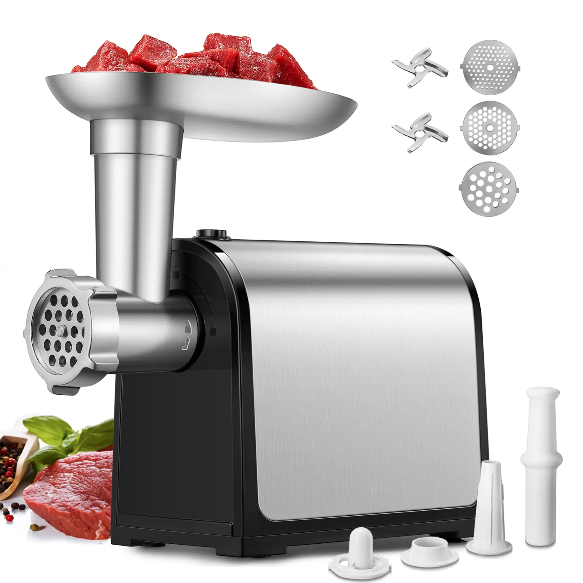 

Mixer Meat Grinder Electric, 3 Grinding Plates & 2 Blades, [2000W Max]3-IN-1 Stainless Steel Food Grinder & Sausage Stuffer for