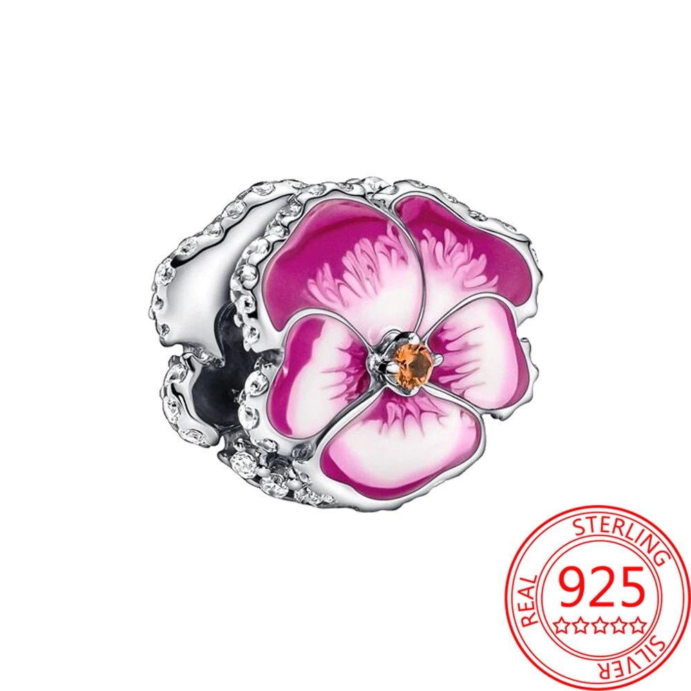 

New Pavé Gemstones Pink Pansy Flower Charm Fit Pandora Bracelet And Necklace DIY S925 Silver Women Jewelry Gift