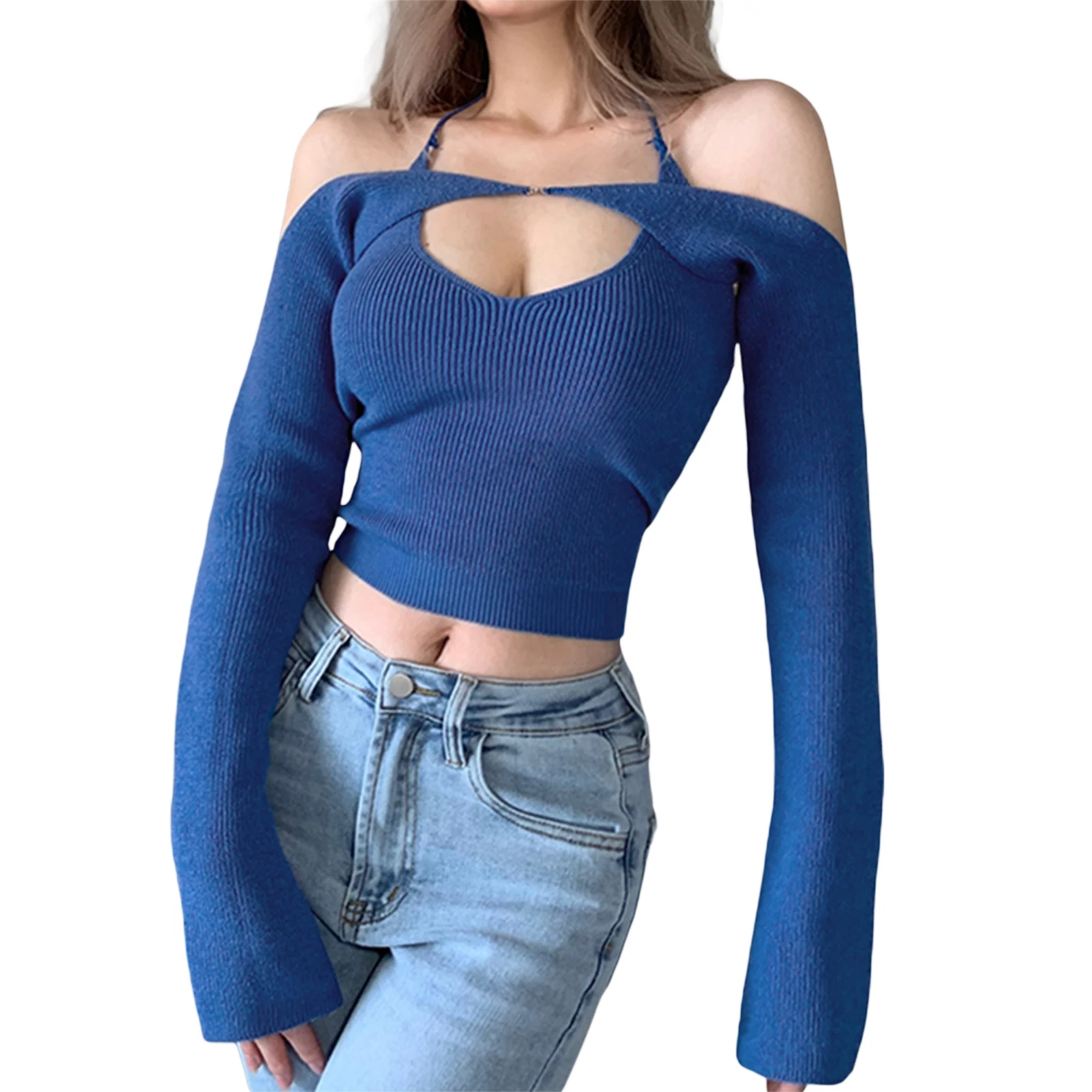 Женский трикотажный комплект из 2 предметов однотонный топ с воротником