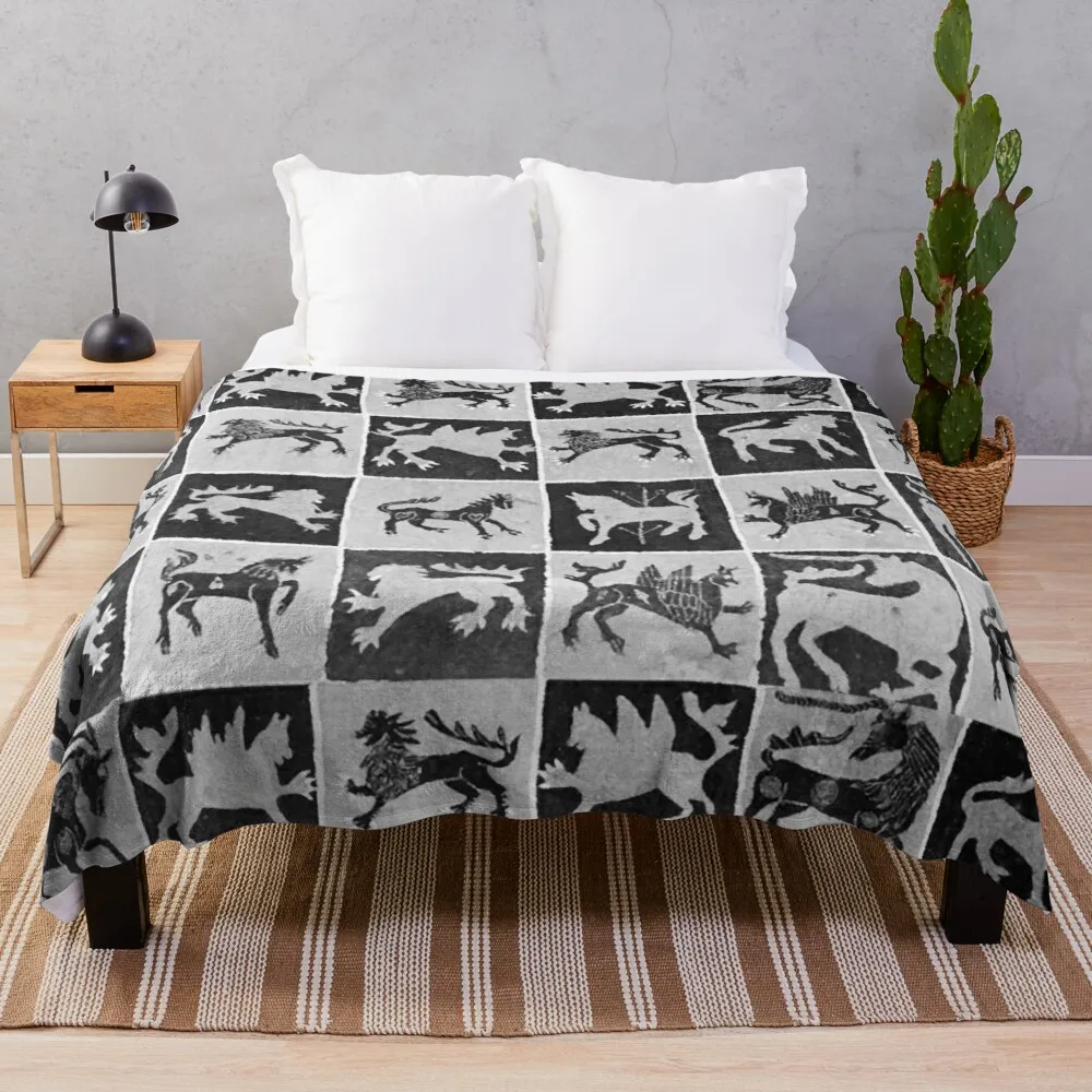 

Черно-белый средневековый вертушек, мальчиков, единорогов, Львов, античный скандинавский гобелен, плед, плед и одеяло