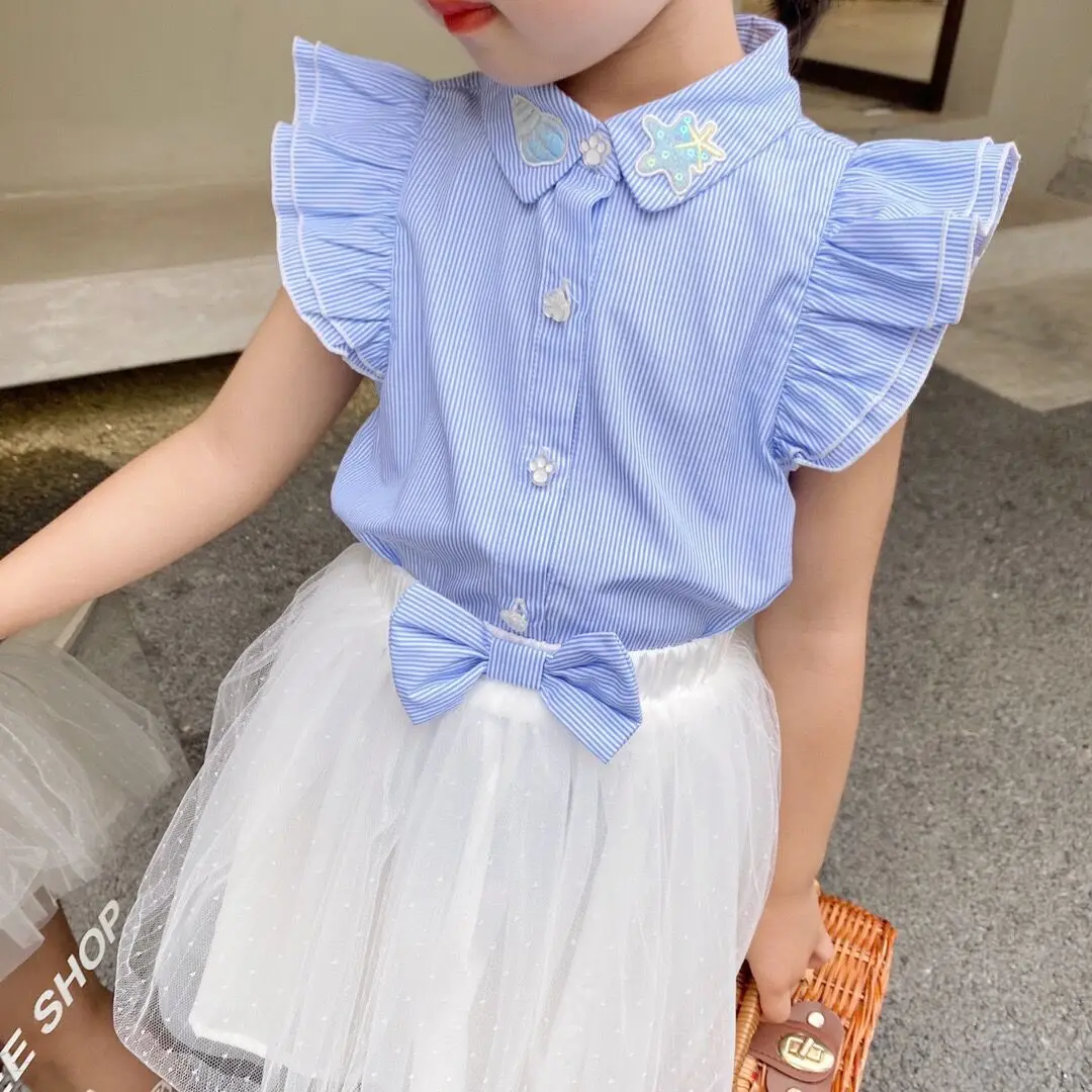 

2022 Girls clothing set blue colour vest + white colour skirt 2pcs clothing set size 100-150