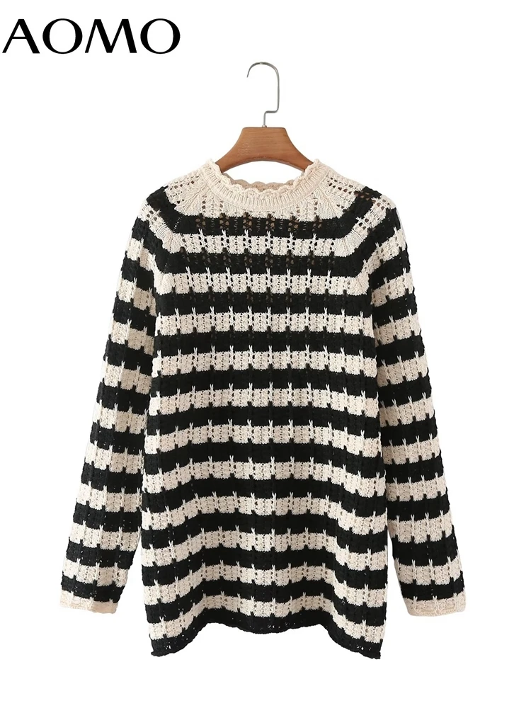 

Женский полосатый длинный джемпер AOMO, пуловер оверсайз с круглым вырезом, шикарные топы, 2022