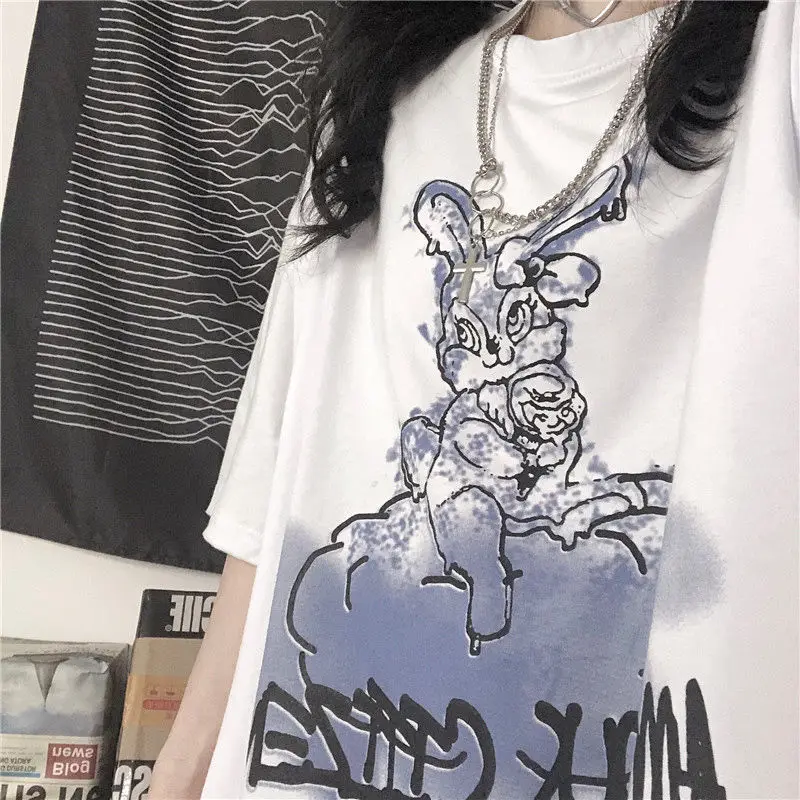

2022 Summer T-shirt Women Korean Harajuku Bunny Print Loose Short-sleeved T-shirt Female Street Hip-hop O-neck Casual Female Tee