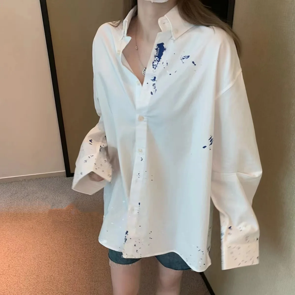 

ADER 2023 autumn and winter new high-quality Korean style simple splash ink design 1:1 long-sleeved stand-up collar shirt