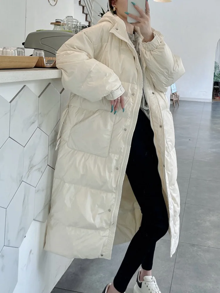 

Ailegogo New Autumn Winter Women Hooded Loose White Duck Down Parka with Belt Casual Female Pocket Warm Long Down Coat Outwear