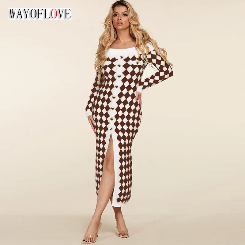 

WAYOFLOVE Autumn Winter Sexy Off Shoulder Sweater Dress Women Plaid Button Long Sleeve Dress Casual Slim Elegant Knitted Dresses
