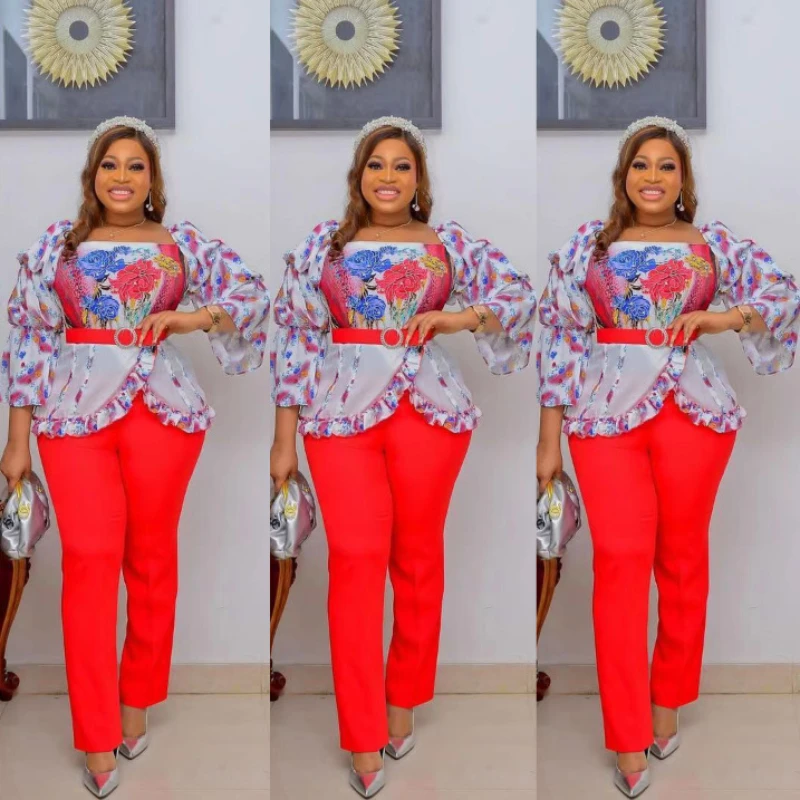

2022 Dashiki African New Fashion Suit (Dress and Trousers)Bat SLeeve Suit Super Elastic African For Lady