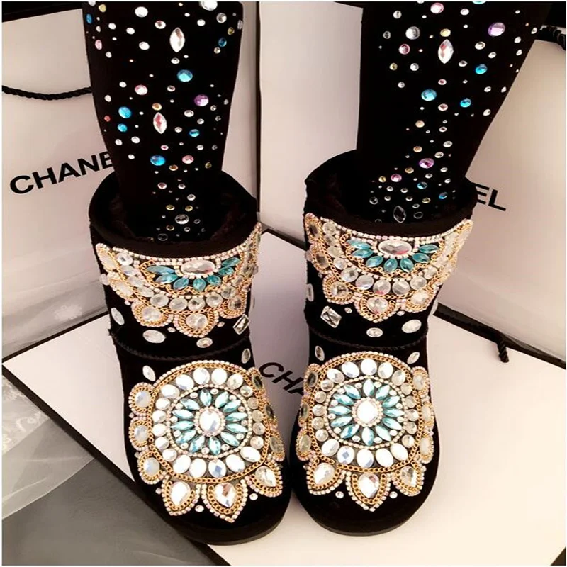 

Handmade rhinestone gemstone thickened non-slip warm snow boots mid-tube women's leather boots large size women's boots 35-44