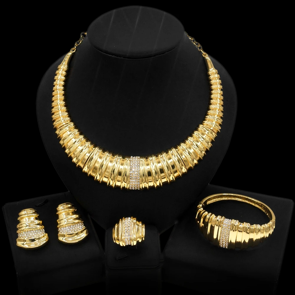 Italian Gold Plated Women Jewelry Set Nigeria Party Necklace Earrings Bangle Ring Wedding Banquet Free Shipping
