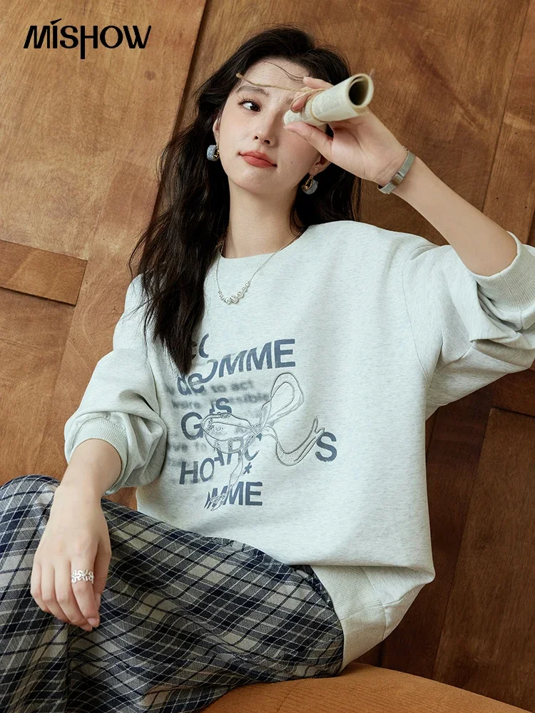 Женская толстовка MISHOW в стиле ретро с круглым вырезом и бантом осень 2024 пуловеры