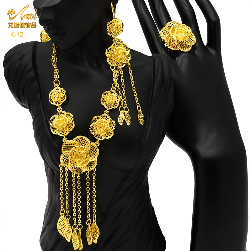 

ANIID Dubai Copper Alloys Necklace Bracelet Earrings Jewelry Sets For Women Hawaiian Charm Choker Pendant Set Wedding Banquet