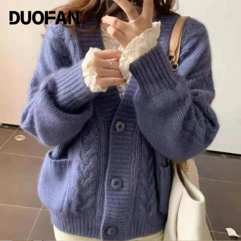 

DUOFAN Female Knitted Coats Autumn Solid V Neck Loose Sweaters Cardigans with Pocket Korean Casual Long Sleeve Sweater Fashion