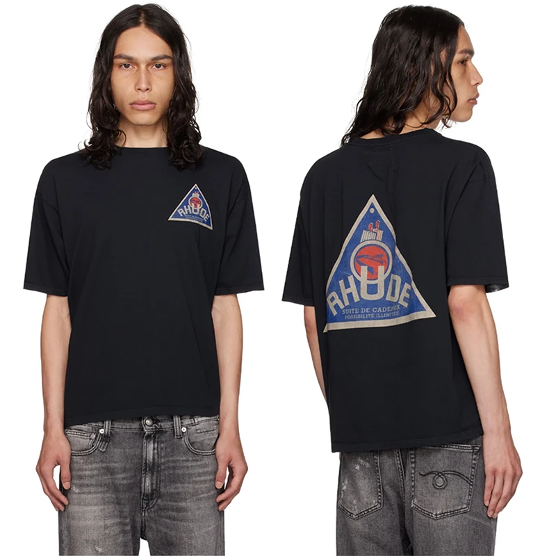 

Apricot Black RHUDE T-shirts Men Women 1:1 High Street Casual Loose Top Tee Blue Triangle Print Logo Fashion Summer Short Sleeve