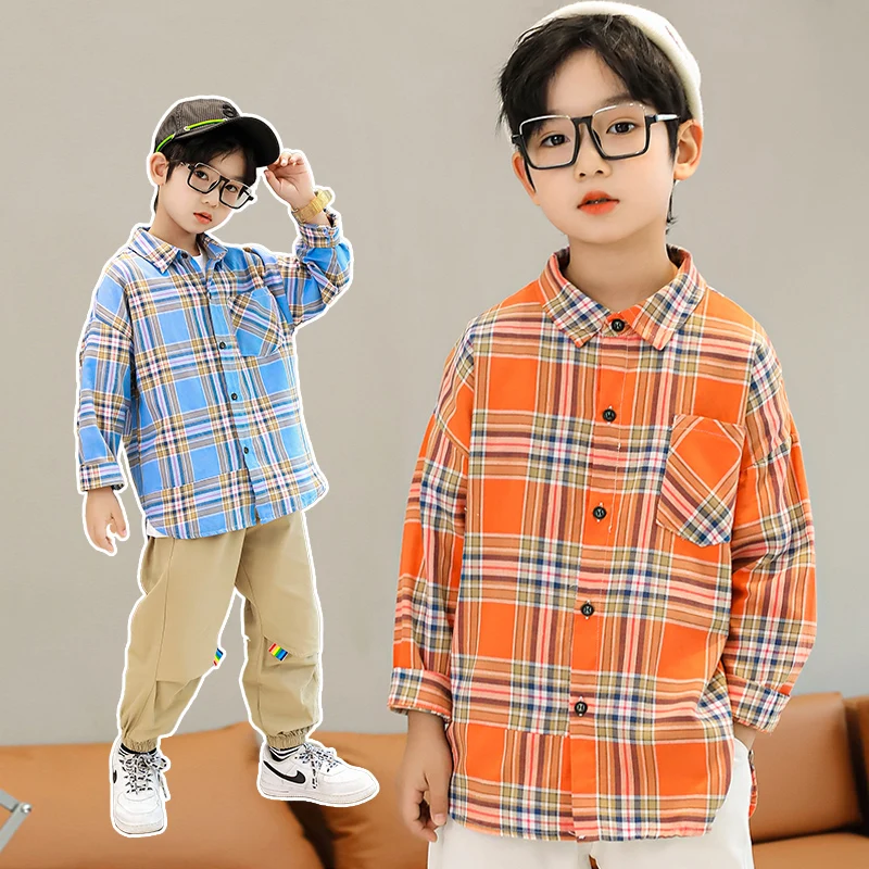 

2022 Spring Autumn Boy big plaid Shirt Long Sleeve Plaid Shirts children shirts for teenage boys 6 7 8 9 10 11 12y kids clothes