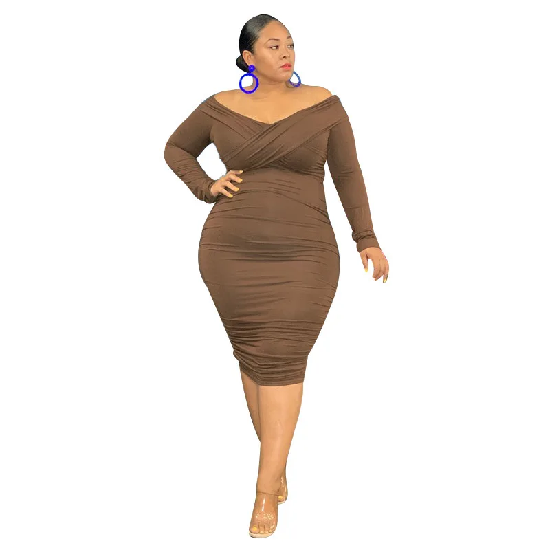 Plus Size Dresses Solid Long Sleeve Deep V-neck Slim Mid-Calf Party Dresses Evening Dresses Plus Size Women Clothing Office Lady