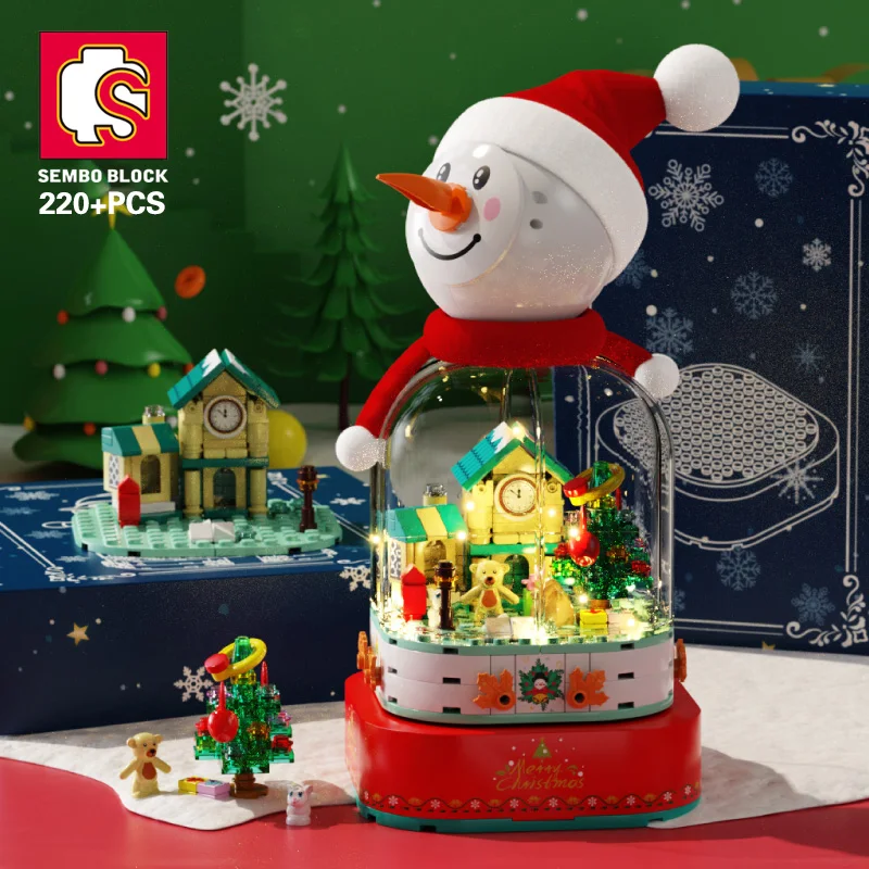 SEMBO-bloques de construcción de caja de música de Navidad para niños y adultos, iluminación giratoria, Kits de juego de Casa de muñeco de nieve