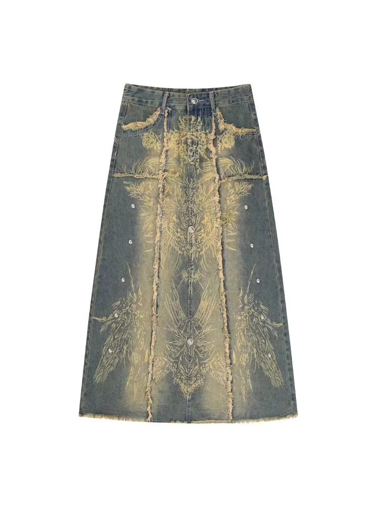 Женская длинная ковбойская юбка трапециевидная с графическим принтом Корейская