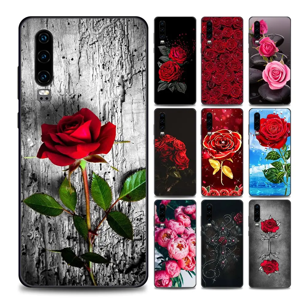 

Red Rose Flower Coque Sac Phone Case for Huawei P10 Lite P20 Pro P30 Pro P40 Lite P50 Pro Plus P Smart Z Soft Silicone