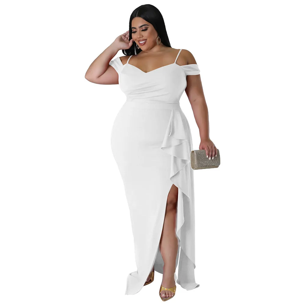 Plus Size Sexy Women Evening Dress Spaghetti v Neck Short Sleeves Side Split Ruffles Elegant Casual Part 3xl 4xl 5xl 6xl