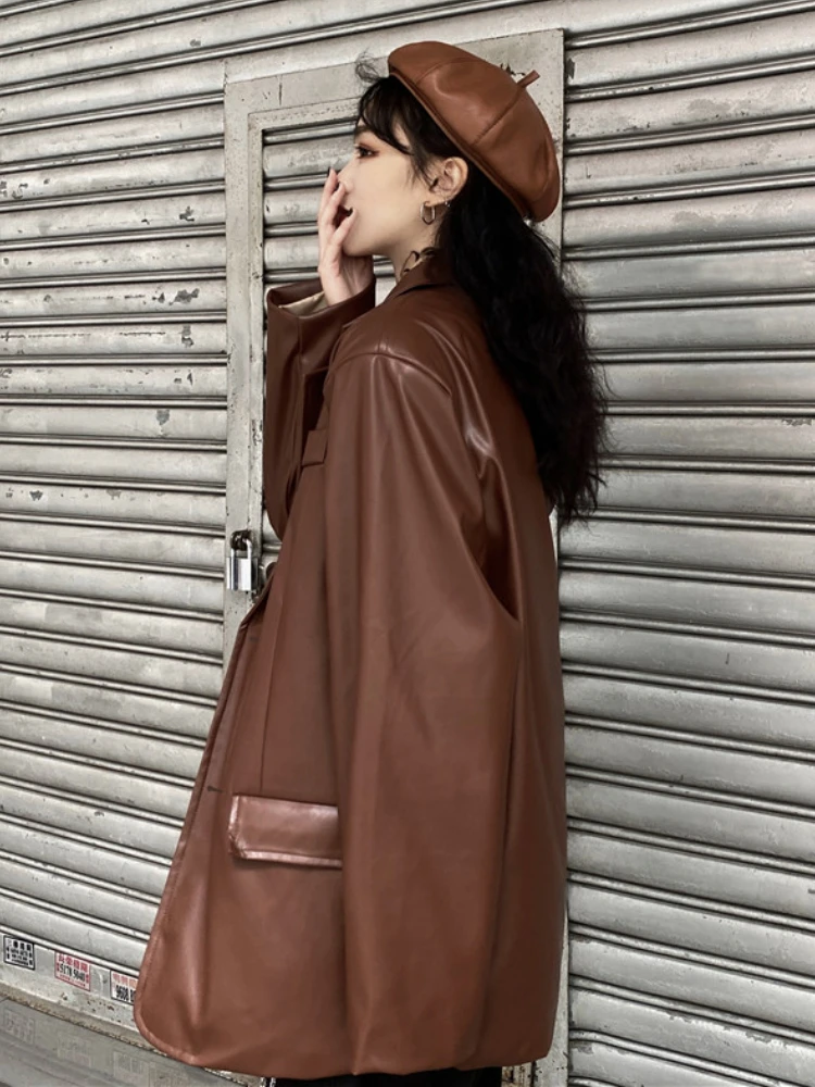 Korean Black Leather Moto Jacket Women Vintage Warm Loose Chic Leather Blazers Female Streetwear Fashion Casual Coat 2022 Autumn