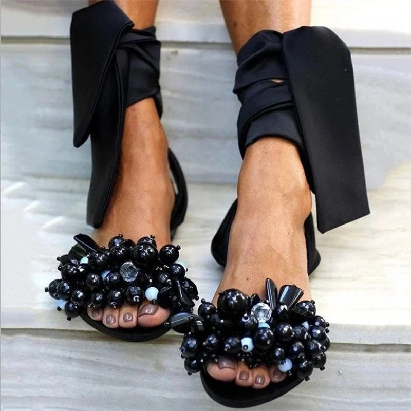 

2022 Summer Women Sandals Fashion Lace-up Flat Sandals Cute Beaded Rhinestone Flowers Bling Casual Lace-up Ladies Sandals 35-43