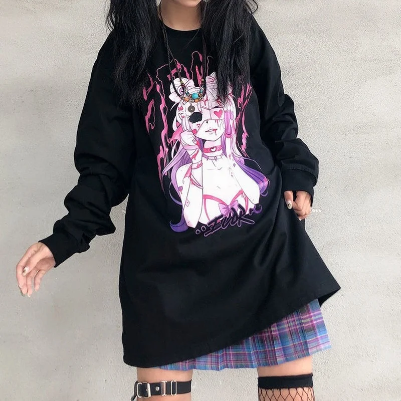 

Y2k Топ Harajuku Kawaii Goth осень Ins Harajuku Bf Ретро мультяшный принт свободная черная футболка с длинным рукавом Женские Графические футболки