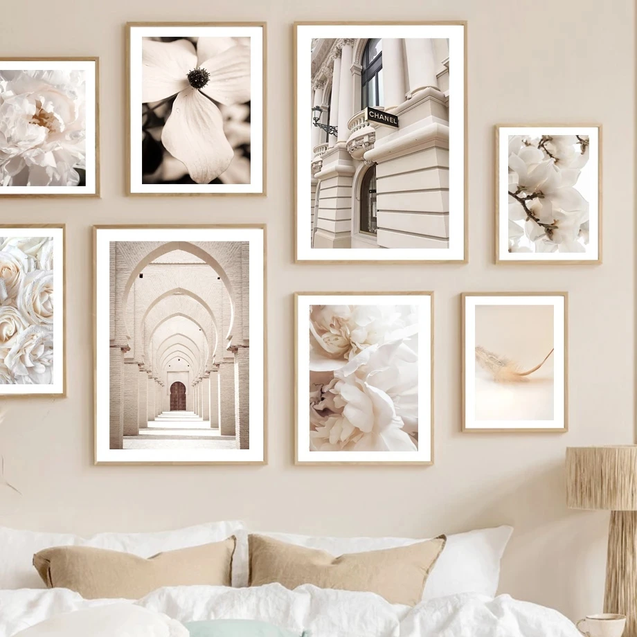 

Scandinavian White Flowers Rose Building Pillar Feathers Poster Wall Art Canvas Painting Posters Prints Pictures for Home Decor