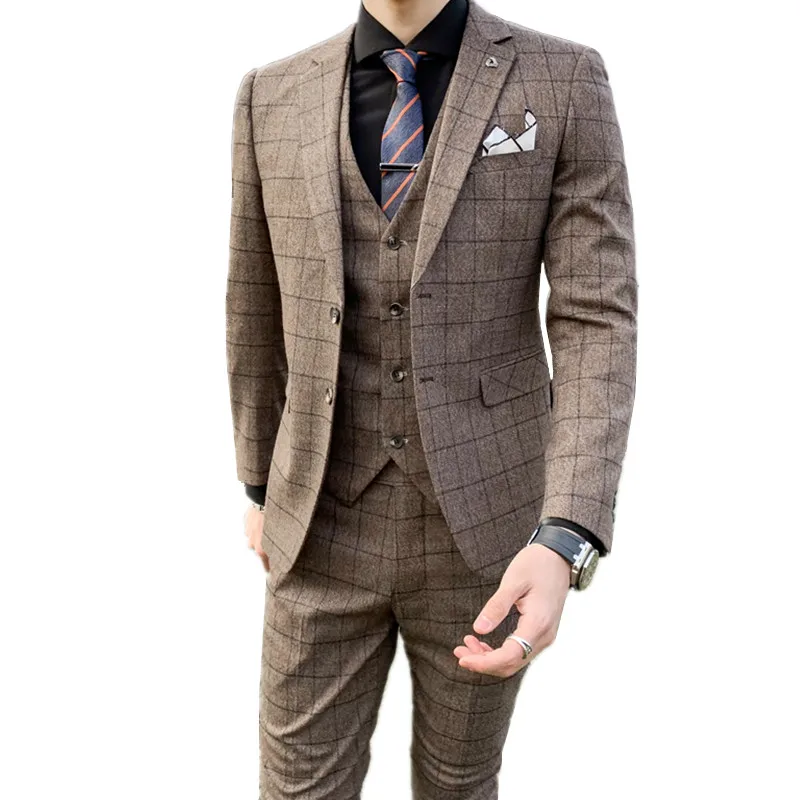 

British Style Slim Fit Suit Trousers Waistcoat Men's Business Plaid Blazers Fashion Groomsman Dress Jacket Pants Vest 3 Pcs Set
