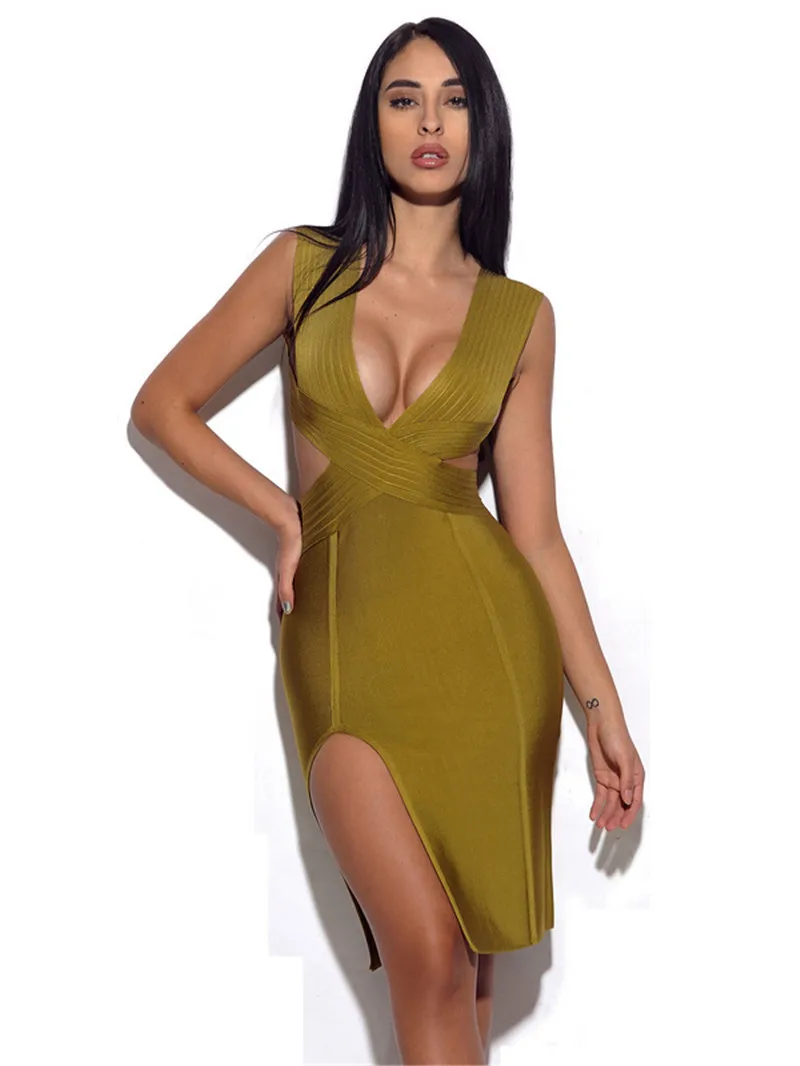 

Summer Deep V Neck Women Bandage Dress Green Sleeveless Backless Bodycon Vestidos Sexy Night Club Party Wear Outfits Dropship