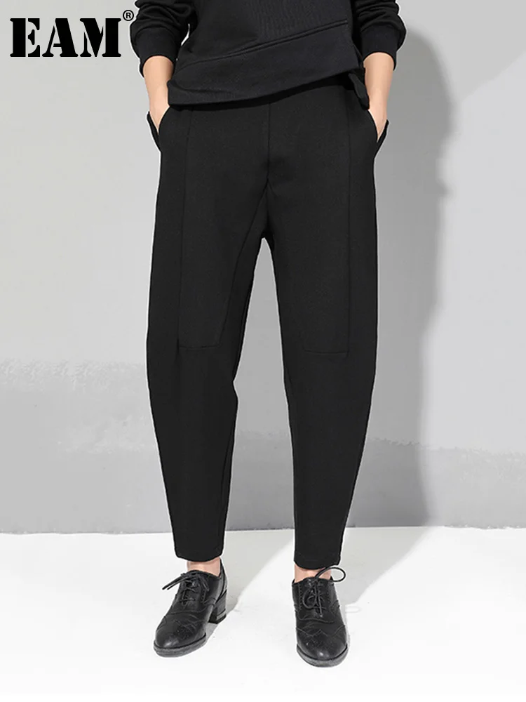 

[EAM] 2022 New Spring Autumn High Elastic Waist Black Loose Patchwork Split Joint Brief Pants Women Trousers Fashion Tide JQ013