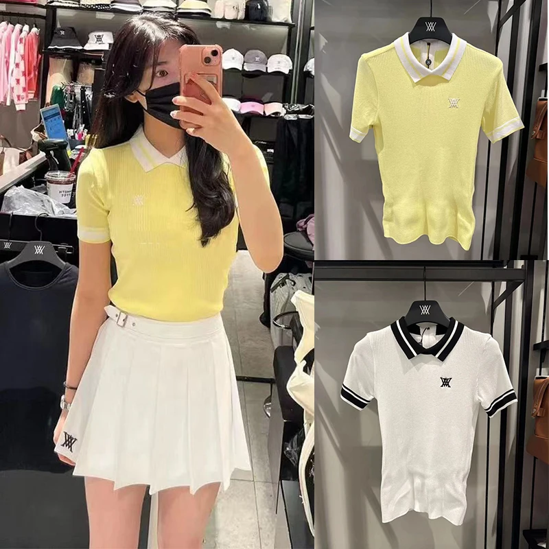 

Korean Golf 23 Summer Women's Ice Silk Versatile Cool and Refreshing Knit Golf Polo Short Sleeve T-shirt Top
