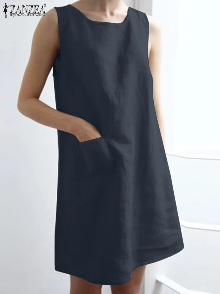 

Женское платье без рукавов длиной до колена, элегантный однотонный Повседневный льняной сарафан 2023 ZANZEA, модное офисное платье, сарафаны, женское платье