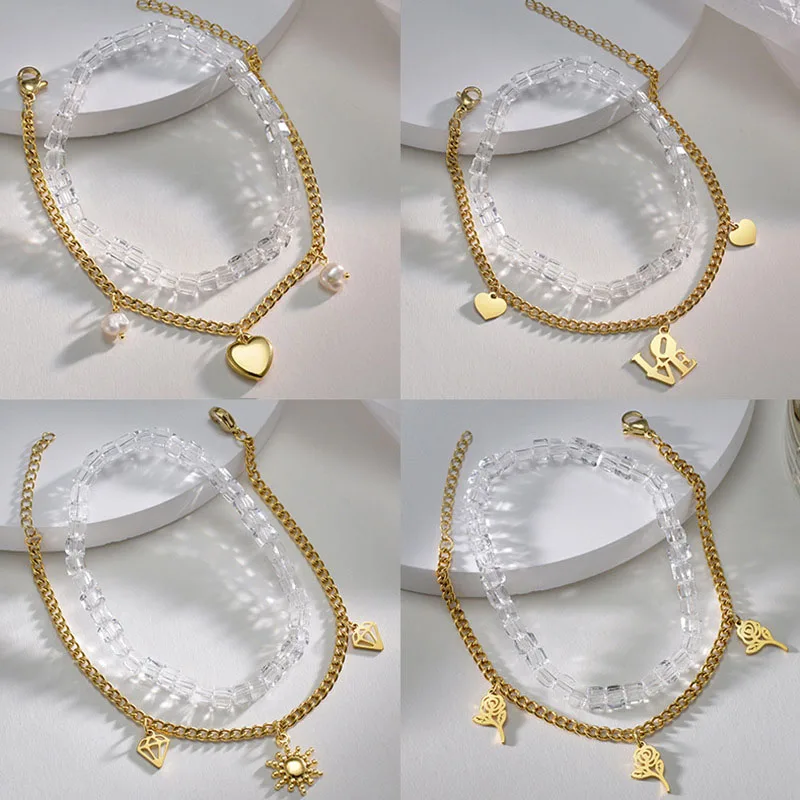 

14K Gold Letter Love Dolphin Star Sun Butterfly Flower Stainless Steel Double Layer Bracelets For Women Design Fashion Jewelry
