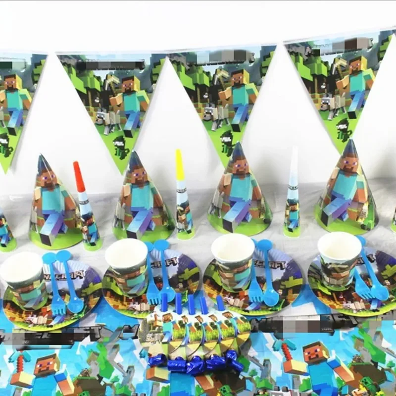

New Disposable Party Decoration Mining Wedding Birthday Children's Paper Cup Plate Banner Top Hat Party Supplies Baby Shower
