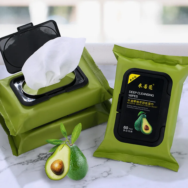 

60 Pcs Avocado Cleansing Wipes Disposable Face Towel Deep Cleaning Facial Moisturizing Portable Extractabl Makeup Remover Wipes