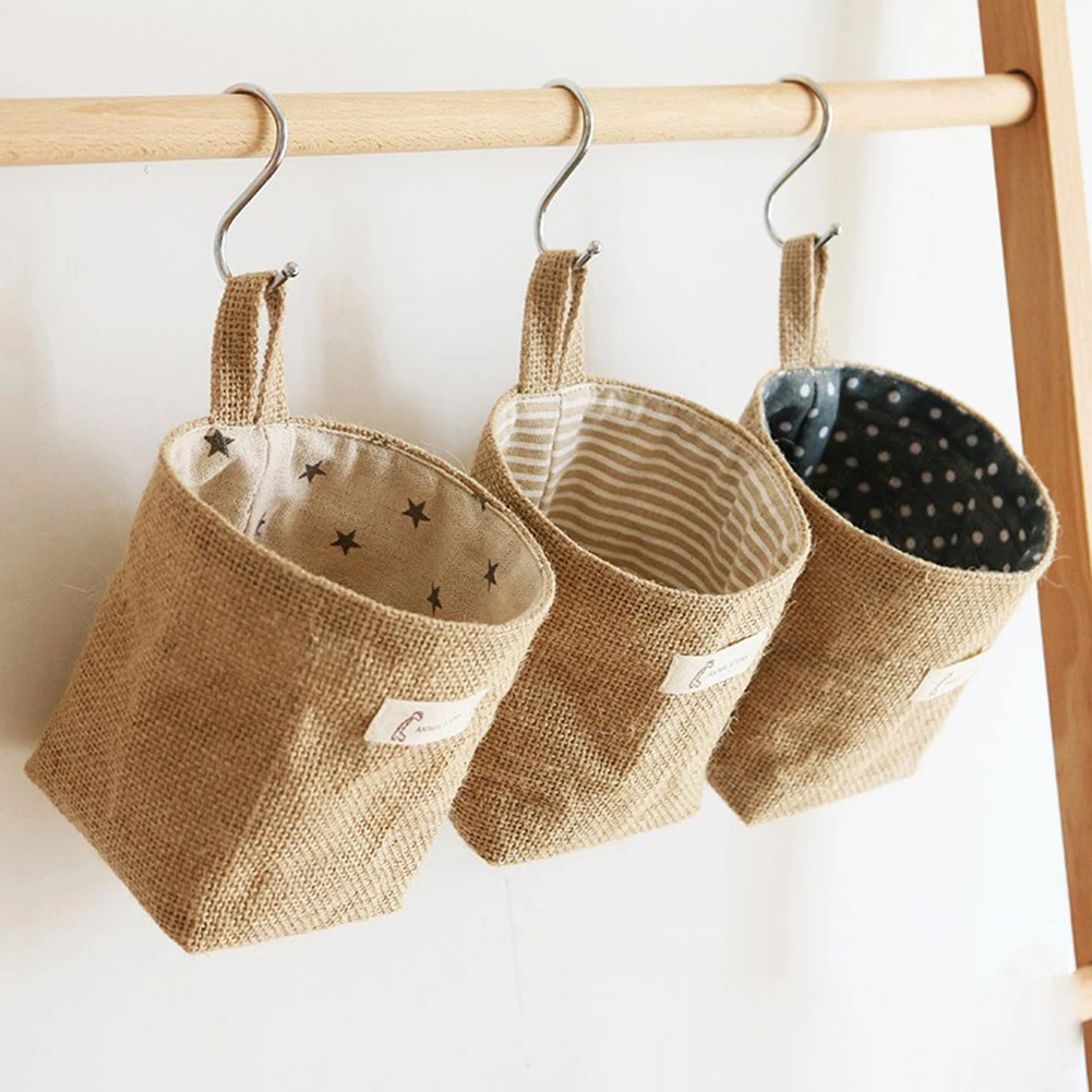 

1pcs Decor Stripe Hanging Pocket Small Sack Sundries Organizer Cosmetic Organiser Cotton Linen Storage Bag Storage Baskets