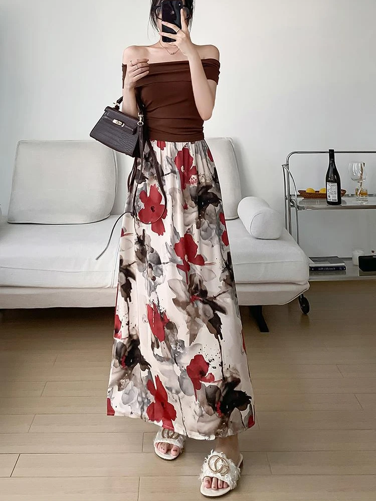 

Simulated Silk Skirt Acetic Acid Forged Retro Elastic Waist Floral Ink Painting Rose A-line Women Satin Maxi Skirts