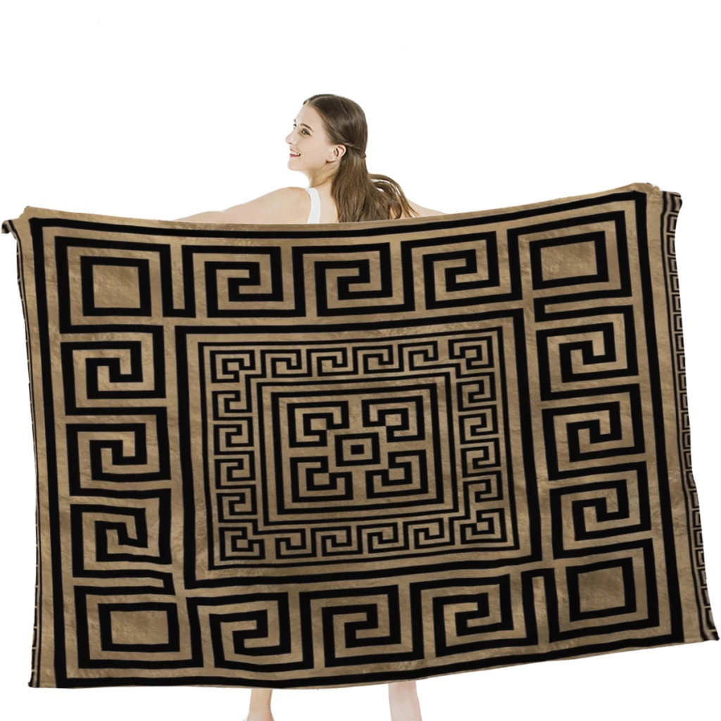 

Греческий ключ орнамент-греческий меандер-черный на золотой плед одеяло самолёт украшение для путешествия мягкое теплое покрывало