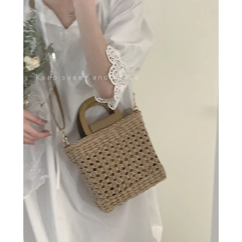 

Korean Casual Women's Straw Bucket Bag Summer Woven Shoulder Bags Shopping Purse Beach Handbag Travel Lady Crossbody Bag