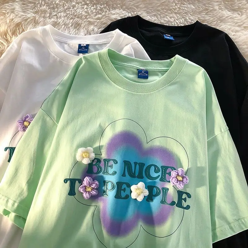 

Футболка женская оверсайз с коротким рукавом, повседневная креативная рубашка с трехмерным дизайном и цветочным принтом, милая одежда в ст...