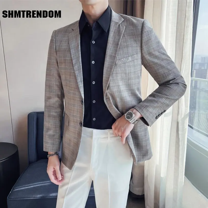 

2023 New Men Casual Blazer British Style Business Slim Fit Plaid Suit Coat Long Sleeve Male Formal Single Buckle Suit Jacket 4XL