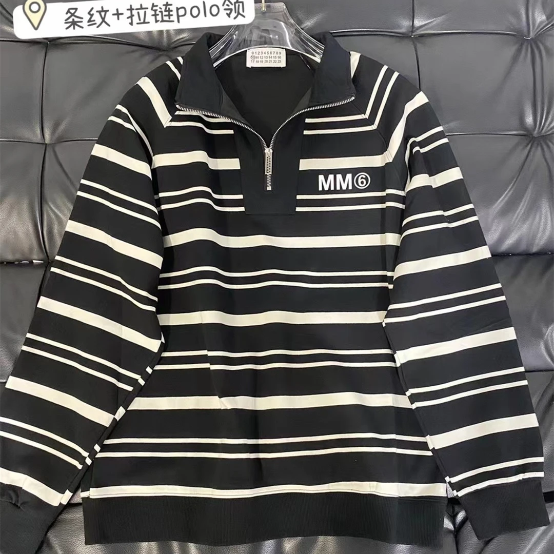 

Striped zipper Polo Collar MM6 Margiela Hoodie For Men Women Fleece Pullover Hooded