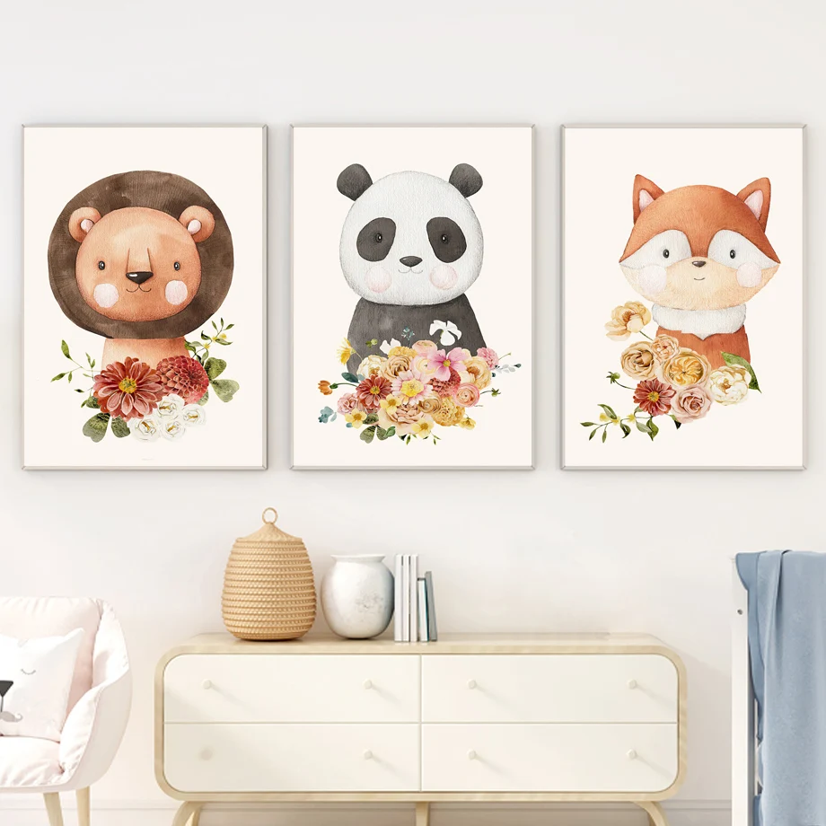 Милые животные Тигр лиса панда Медведь овца детская Картина на холсте