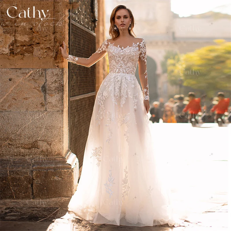 

Simple Lace Appliques A-line Wedding Dress Long Sleeve Vestido De Novia Grace Tulle Bridal Dresses Vestido De Noiva