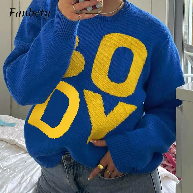 

Модный вязаный свитер с длинным рукавом, повседневный женский свитер с вышивкой и буквами, джемпер, осенние свободные топы с круглым вырезо...