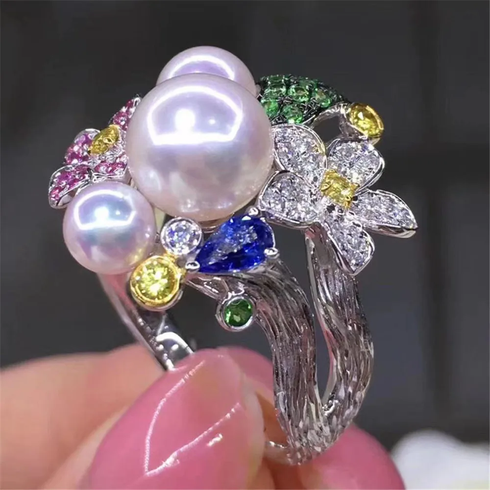 

DIY Pearl Accessories S925 sterling silver jewelry gorgeous multi bead ring empty support adjustment with 6-9mm round beads