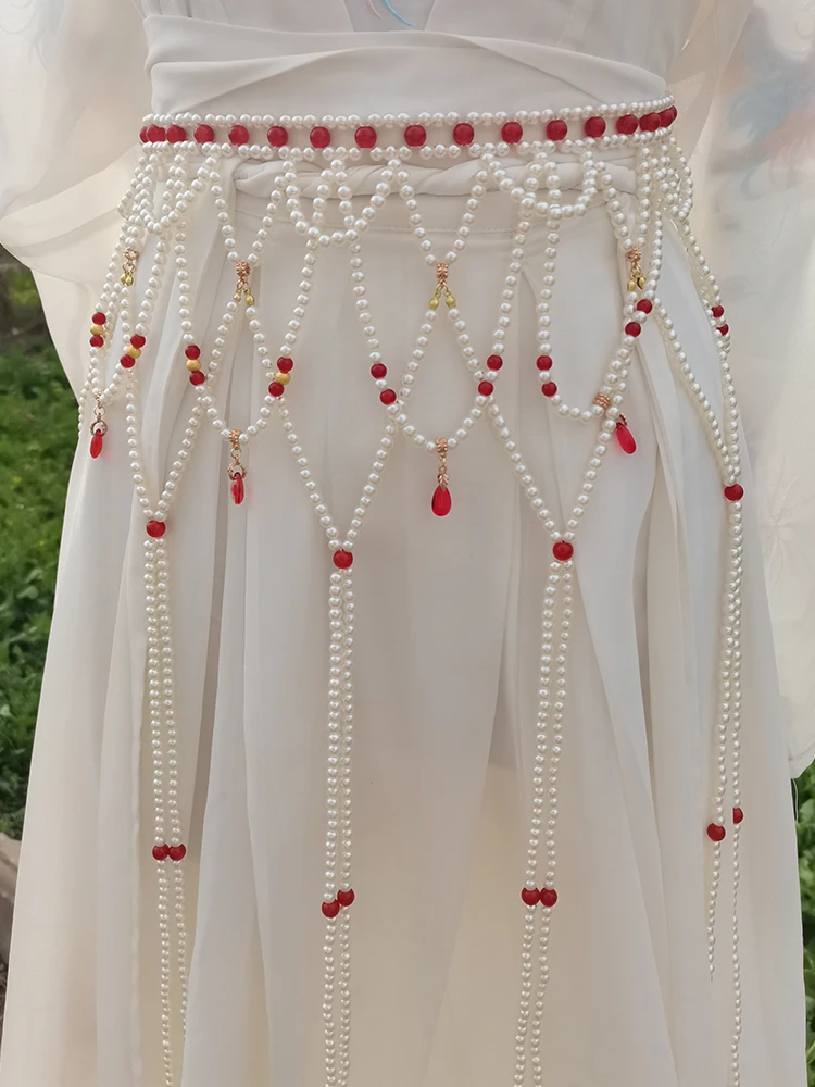 Wide Layers Crystal Pearl Beading Waist Chain Women Chinese Tradtional Costume Belts Accessories Long Pearl Tassel Belly Chain